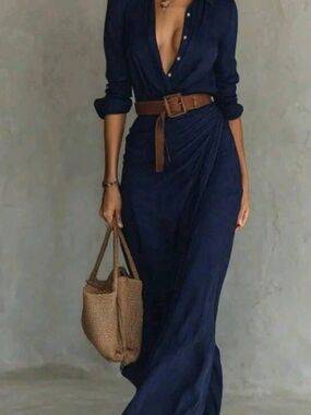 SHEIN Navy Maxi Shirt Dress with Brown Waist Belt